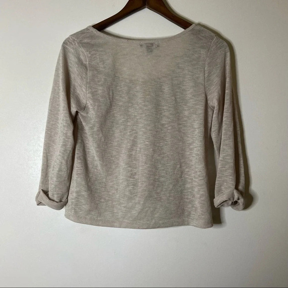 Crop Knit Sweater Swoop Neck Top lightweight 3/4 Sleeve Size Large Cream Tan - Picture 9 of 10